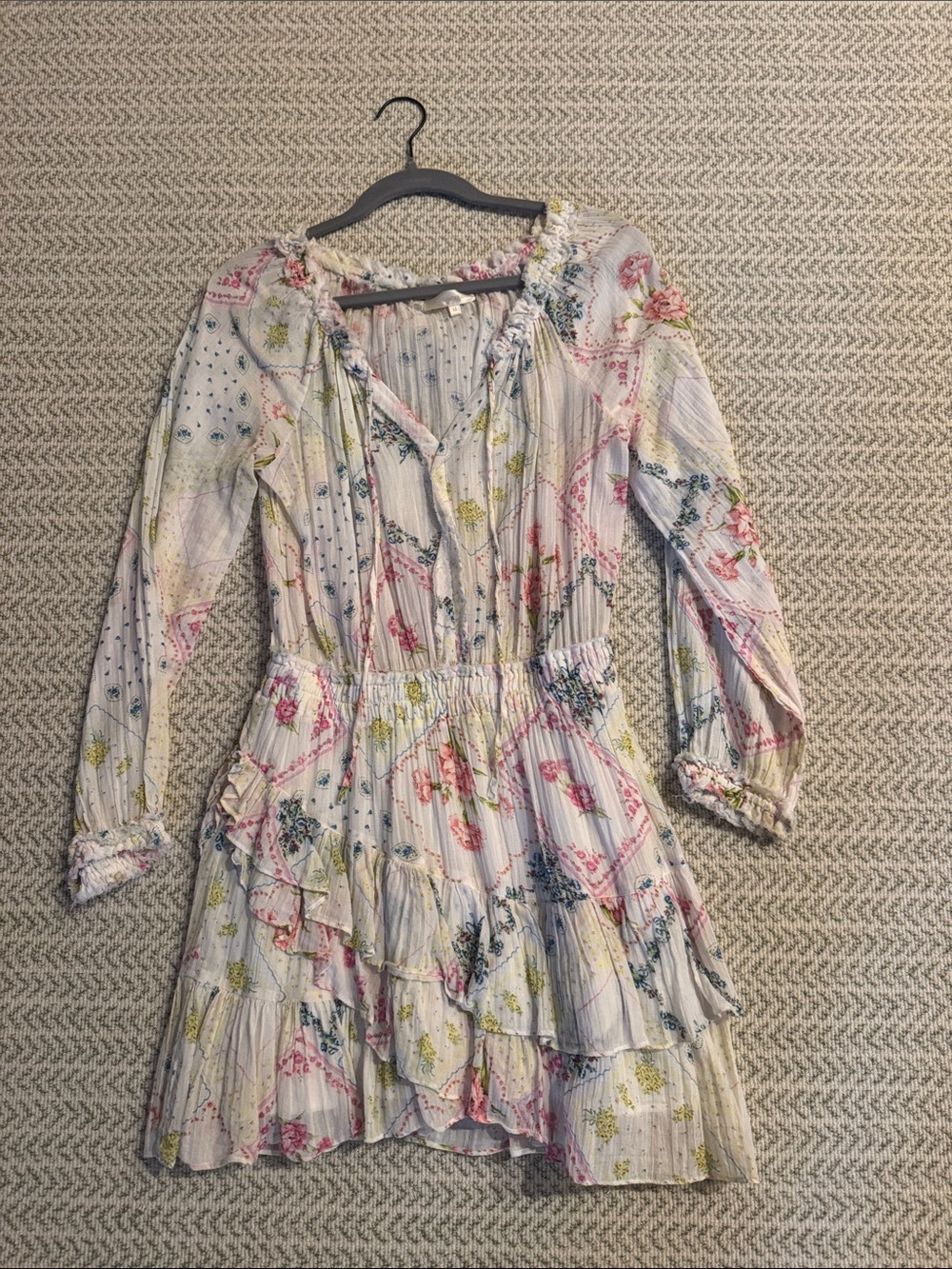 LoveShackFancy White Floral Tiered Long-Sleeve Dress with Pink & Green Accents